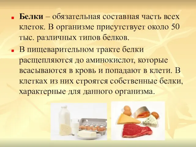 Белки – обязательная составная часть всех клеток. В организме присутствует около 50