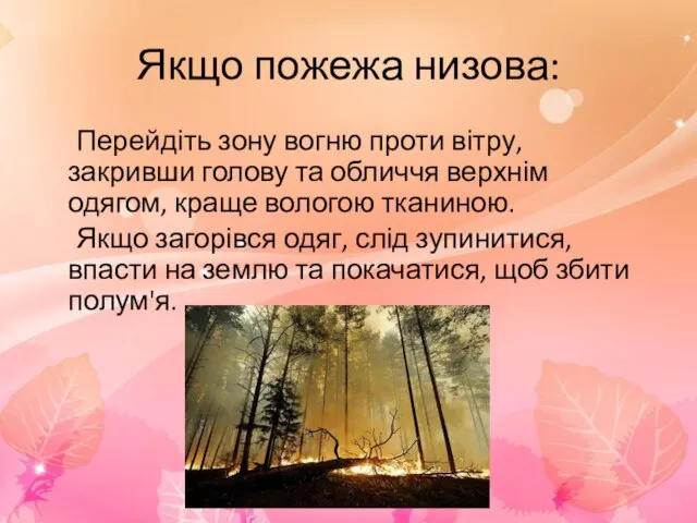 Якщо пожежа низова: Перейдіть зону вогню проти вітру, закривши голову та обличчя