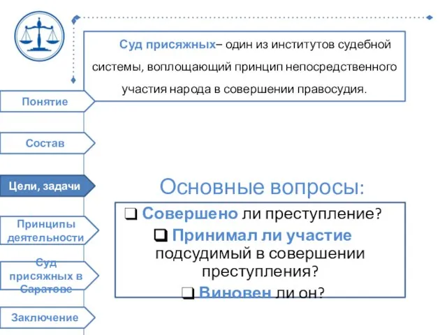 Суд присяжных– один из институтов судебной системы, воплощающий принцип непосредственного участия народа