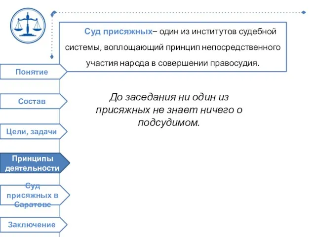 Суд присяжных– один из институтов судебной системы, воплощающий принцип непосредственного участия народа