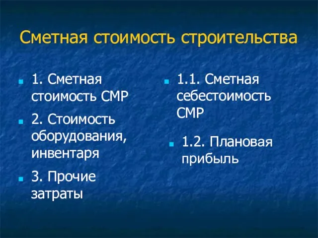 Сметная стоимость строительства 1. Сметная стоимость СМР 1.1. Сметная себестоимость СМР 2.