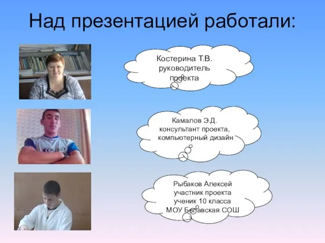 Над презентацией работали: Костерина Т.В. руководитель проекта Камалов Э.Д. консультант проекта, компьютерный