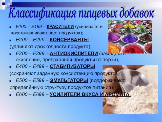 Е100 – Е199 – КРАСИТЕЛИ (усиливают и восстанавливают цвет продуктов); Е200 –