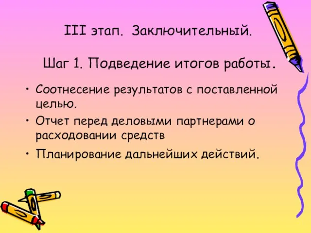 III этап. Заключительный. Шаг 1. Подведение итогов работы. Соотнесение результатов с поставленной