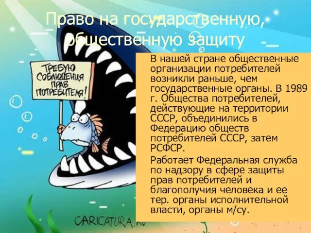 Право на государственную, общественную защиту В нашей стране общественные организации потребителей возникли