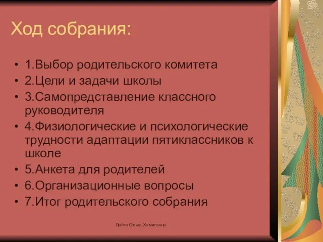 Ход собрания: 1.Выбор родительского комитета 2.Цели и задачи школы 3.Самопредставление классного руководителя