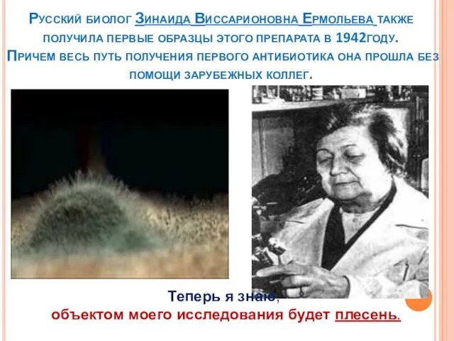 Русский биолог Зинаида Виссарионовна Ермольева также получила первые образцы этого препарата в