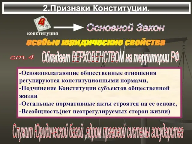 2.Признаки Конституции. особые юридические свойства ст.4 Обладает ВЕРХОВЕНСТВОМ на территории РФ -Основополагающие