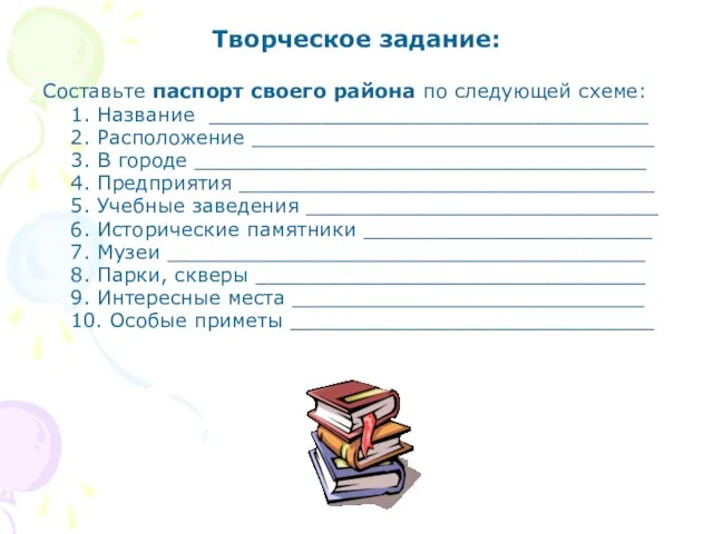 Творческое задание: Составьте паспорт своего района по следующей схеме: 1. Название ___________________________________