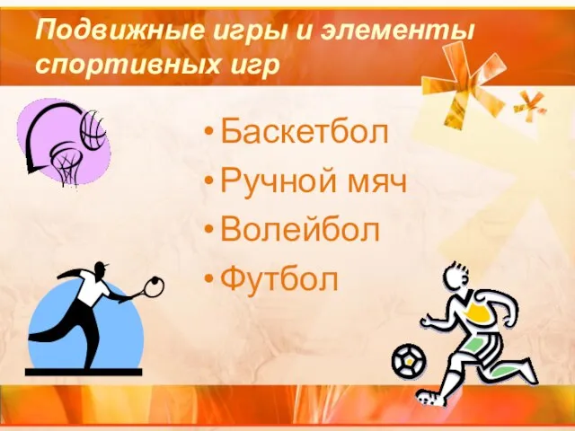 Подвижные игры и элементы спортивных игр Баскетбол Ручной мяч Волейбол Футбол