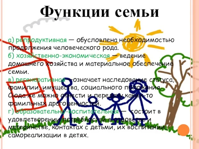 а) репродуктивная — обусловлена необходимостью продолжения человеческого рода. б) хозяйственно-экономическая — ведение