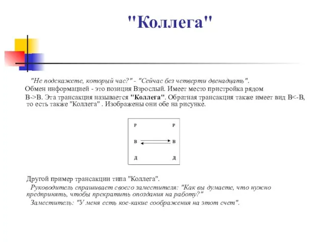 "Коллега" "Не подскажете, который час?" - "Сейчас без четверти двенадцать". Обмен информацией