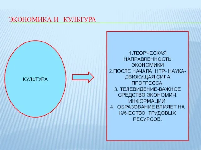 ЭКОНОМИКА И КУЛЬТУРА КУЛЬТУРА 1.ТВОРЧЕСКАЯ НАПРАВЛЕННОСТЬ ЭКОНОМИКИ 2.ПОСЛЕ НАЧАЛА НТР- НАУКА- ДВИЖУЩАЯ