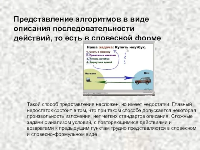 Представление алгоритмов в виде описания последовательности действий, то есть в словесной форме