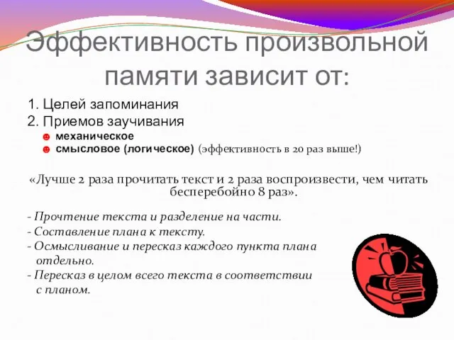 Эффективность произвольной памяти зависит от: 1. Целей запоминания 2. Приемов заучивания ☻