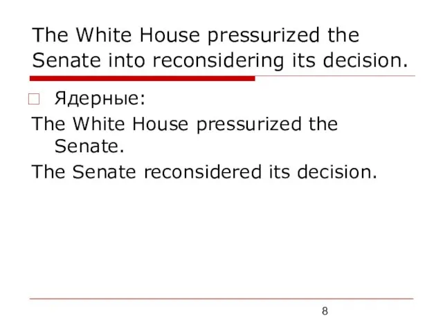 The White House pressurized the Senate into reconsidering its decision. Ядерные: The