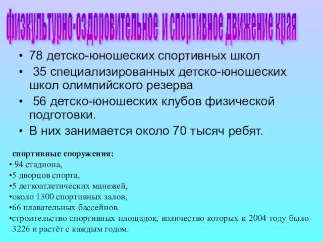 78 детско-юношеских спортивных школ 35 специализированных детско-юношеских школ олимпийского резерва 56 детско-юношеских