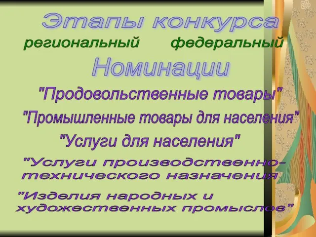 Этапы конкурса региональный федеральный Номинации "Продовольственные товары" "Промышленные товары для населения" "Услуги