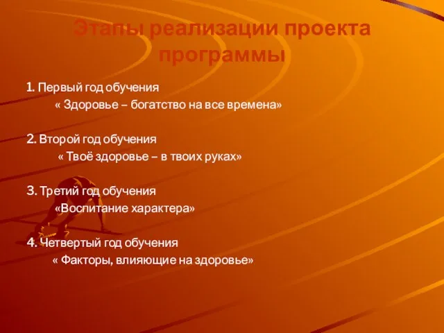 Этапы реализации проекта программы 1. Первый год обучения « Здоровье – богатство