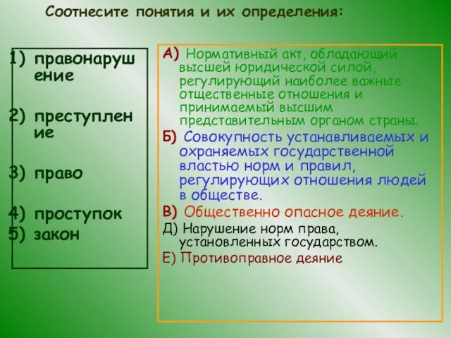 Соотнесите понятия и их определения: правонарушение преступление право проступок закон А) Нормативный