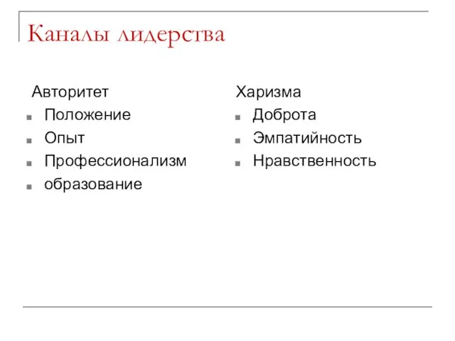 Каналы лидерства Авторитет Положение Опыт Профессионализм образование Харизма Доброта Эмпатийность Нравственность