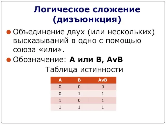 Логическое сложение (дизъюнкция) Объединение двух (или нескольких) высказываний в одно с помощью