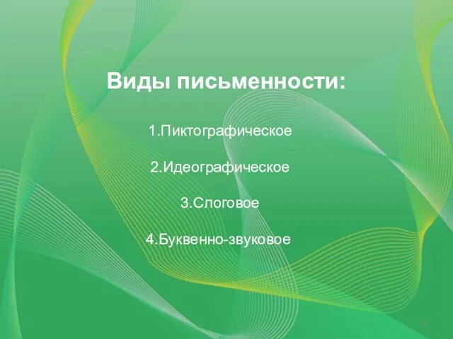 Виды письменности: Пиктографическое Идеографическое Слоговое Буквенно-звуковое