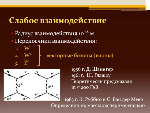 Слабое взаимодействие Радиус взаимодействия 10-18 м Переносчики взаимодействия: W- W+ векторные бозоны