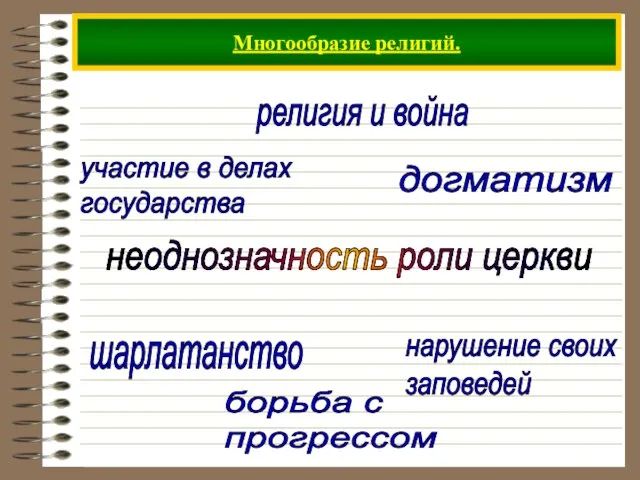 Многообразие религий. неоднозначность роли церкви участие в делах государства борьба с прогрессом