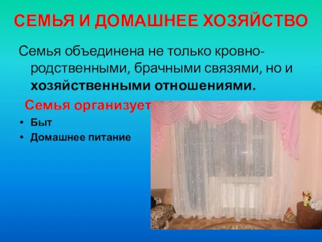 СЕМЬЯ И ДОМАШНЕЕ ХОЗЯЙСТВО Семья объединена не только кровно-родственными, брачными связями, но