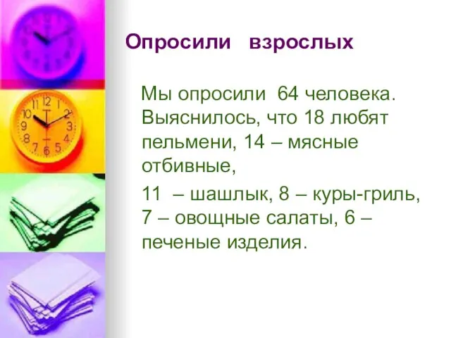 Опросили взрослых Мы опросили 64 человека. Выяснилось, что 18 любят пельмени, 14