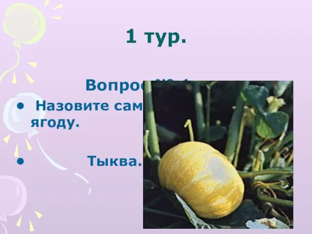 1 тур. Вопрос № 1. Назовите самую большую ягоду. Тыква.