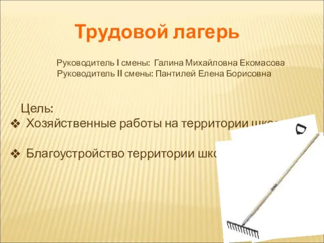 Трудовой лагерь Руководитель I смены: Галина Михайловна Екомасова Руководитель II смены: Пантилей