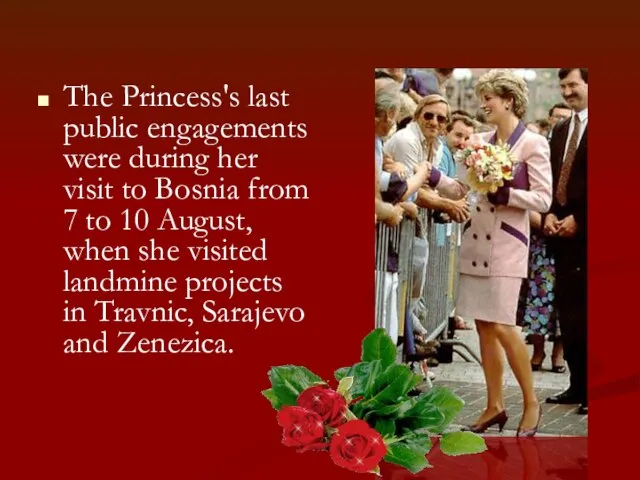 The Princess's last public engagements were during her visit to Bosnia from