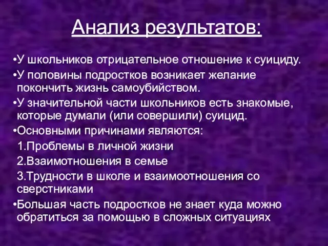 Анализ результатов: У школьников отрицательное отношение к суициду. У половины подростков возникает