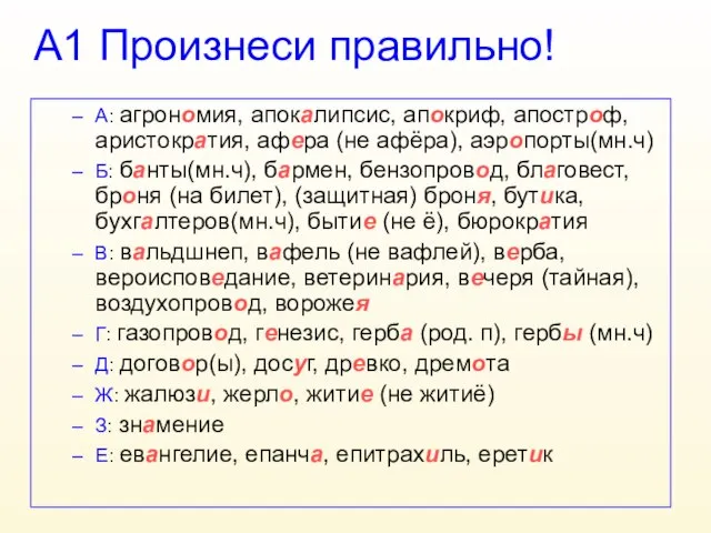 А1 Произнеси правильно! А: агрономия, апокалипсис, апокриф, апостроф, аристократия, афера (не афёра),