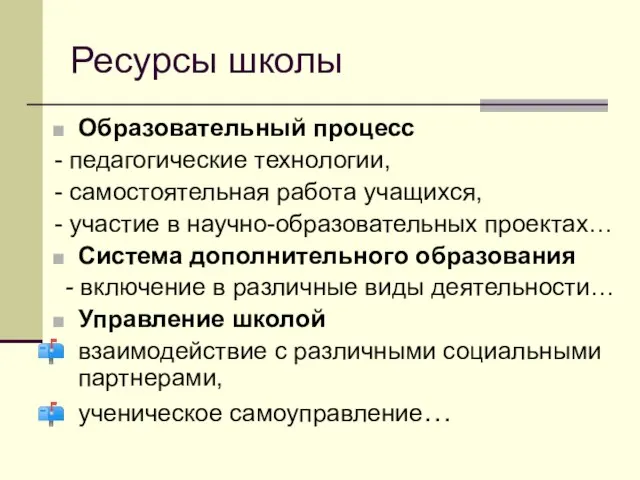 Ресурсы школы Образовательный процесс - педагогические технологии, - самостоятельная работа учащихся, -