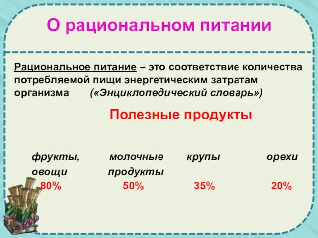 О рациональном питании фрукты, молочные крупы орехи овощи продукты 80% 50% 35%