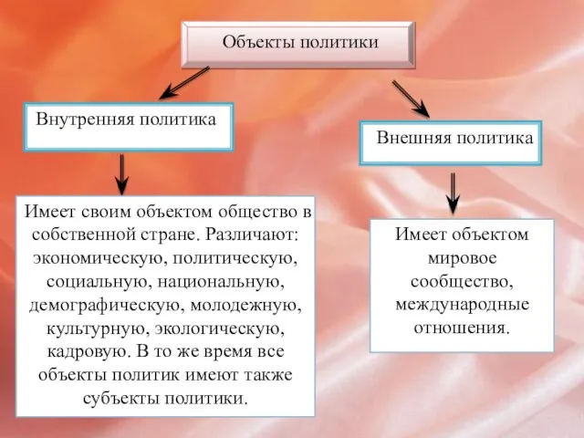 Объекты политики Внутренняя политика Внешняя политика Имеет своим объектом общество в собственной