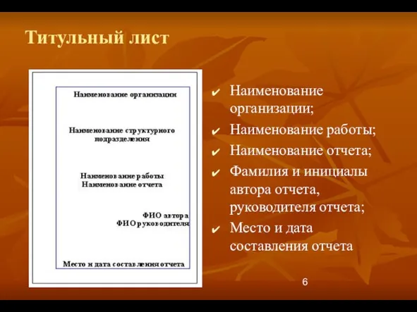 Титульный лист Наименование организации; Наименование работы; Наименование отчета; Фамилия и инициалы автора