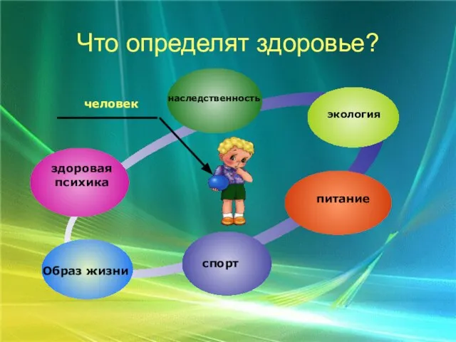 Что определят здоровье? здоровая психика наследственность экология питание спорт человек Образ жизни