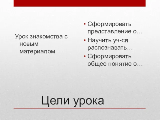 Цели урока Урок знакомства с новым материалом Сформировать представление о… Научить уч-ся