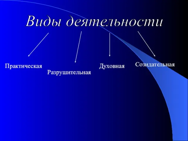 Виды деятельности Практическая Духовная Созидательная Разрушительная