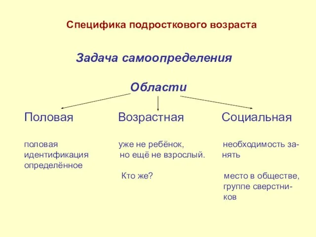 Задача самоопределения Области Половая Возрастная Социальная половая уже не ребёнок, необходимость за-