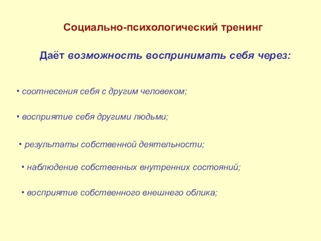 Даёт возможность воспринимать себя через: соотнесения себя с другим человеком; восприятие себя