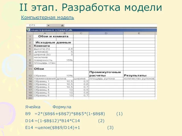 II этап. Разработка модели Компьютерная модель Ячейка Формула B9 =2*($B$6+$B$7)*$B$5*(1-$B$8) (1) D14