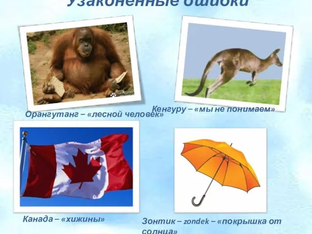 Узаконенные ошибки Орангутанг – «лесной человек» Кенгуру – «мы не понимаем» Канада