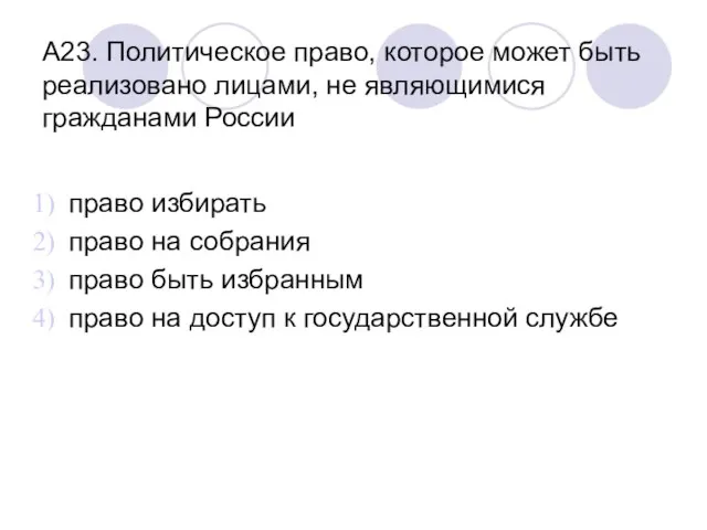 А23. Политическое право, которое может быть реализовано лицами, не являющимися гражданами России