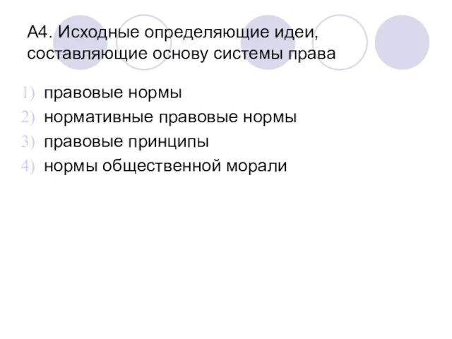 А4. Исходные определяющие идеи, составляющие основу системы права правовые нормы нормативные правовые