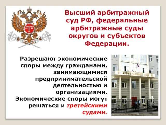 Высший арбитражный суд РФ, федеральные арбитражные суды округов и субъектов Федерации. Разрешают